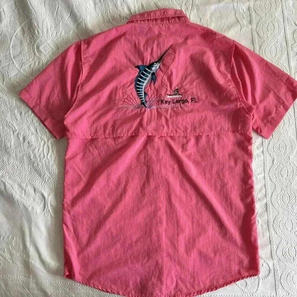 Key Largo Florida Marlin Spicy Tuna Fishing Button Up Embroidered Shirt Mens Med - Picture 4 of 15